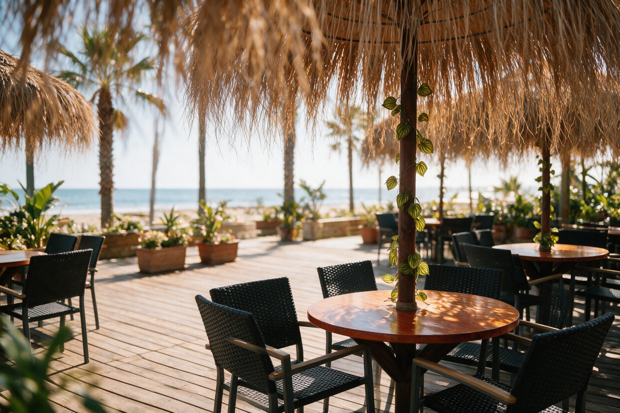Terraza de madera con parasoles de paja del Chiringuito Estrella